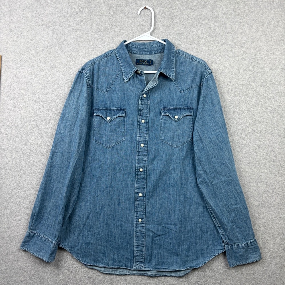 Polo Ralph Lauren Shirt Mens Large Blue Denim Pearl Snap Long Sleeve Western